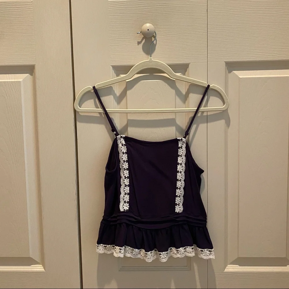 Lulus Navy Blue Eyelet Lace Crop Top Ruffle Cami Adjustable Straps - Picture 1 of 5